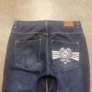 Y2K rocawear mens dark wash embroidered baggy jeans skater wide‎ leg hiphop 38